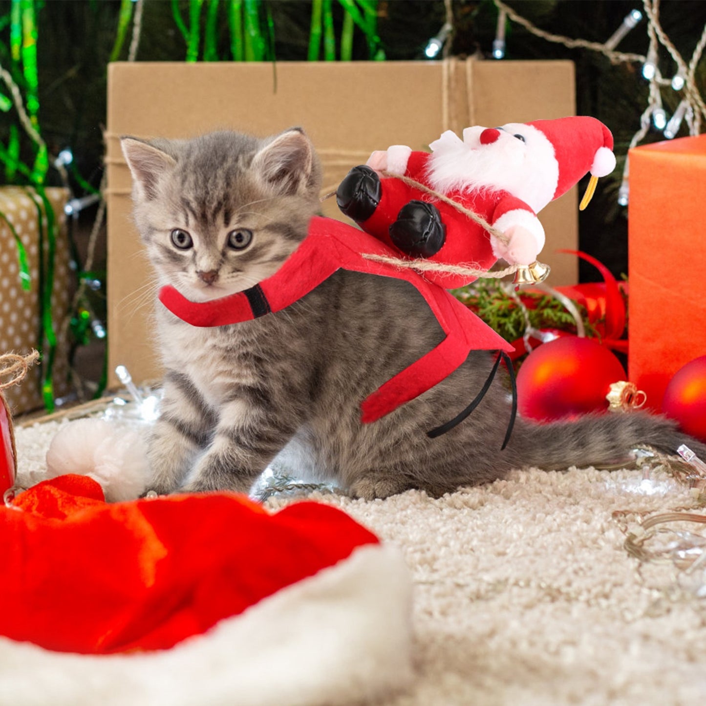 Pet Christmas Costumes Red Winter Coat For Dog Riding Santa Claus With Bell Clothes.