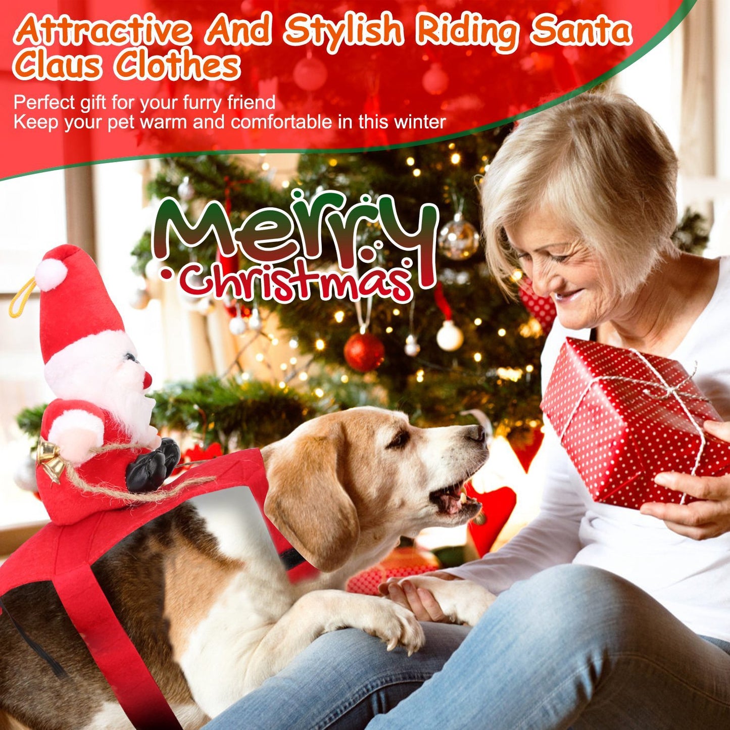 Pet Christmas Costumes Red Winter Coat For Dog Riding Santa Claus With Bell Clothes.
