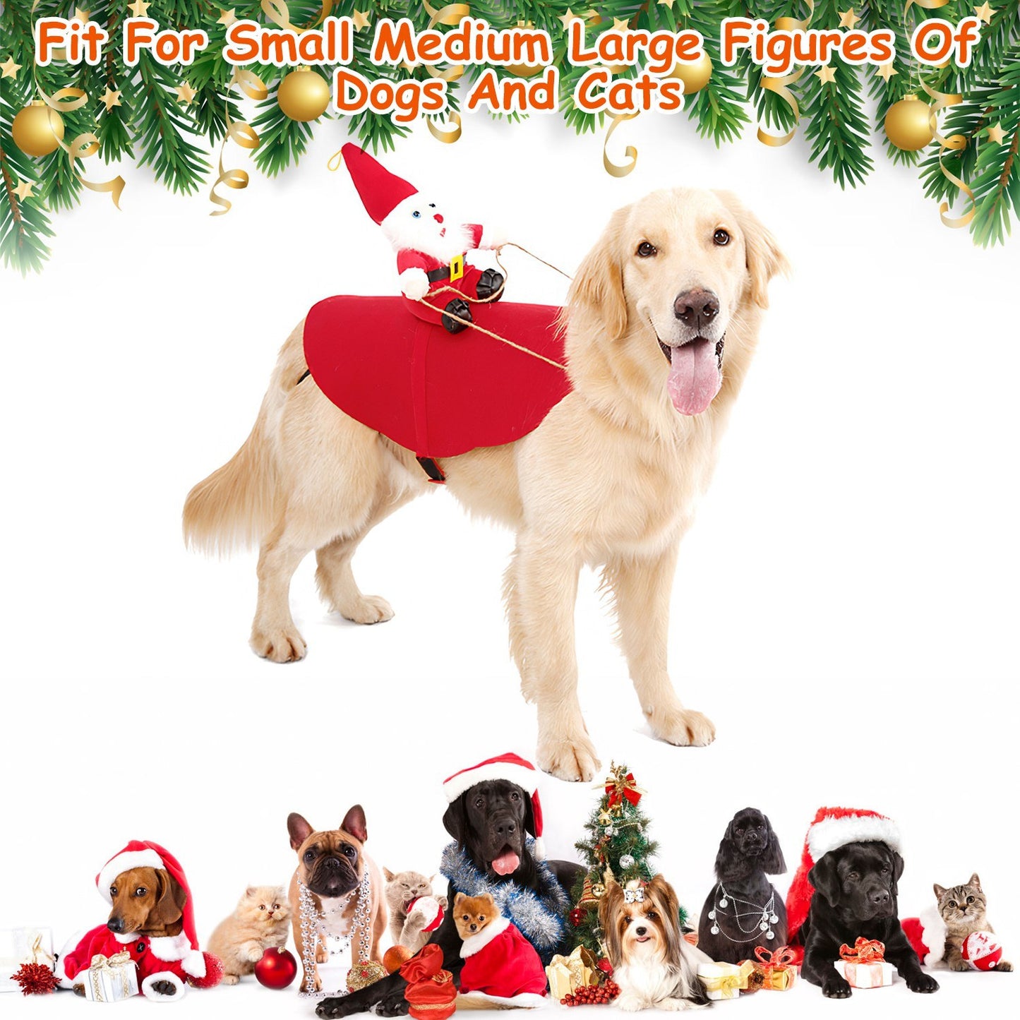 Pet Christmas Costumes Red Winter Coat For Dog Riding Santa Claus With Bell Clothes.